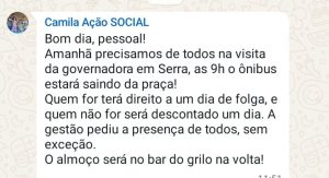 Suposta mensagem atribui convocação de servidores para agenda de Raquel Lyra com promessa de folga e ameaça de desconto!